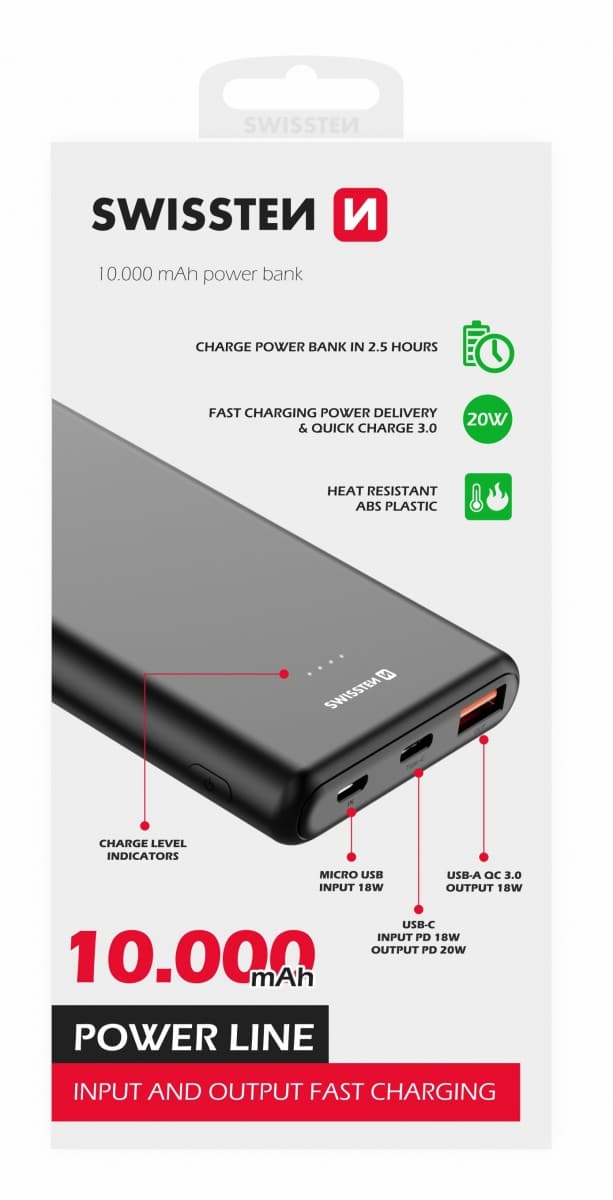 Swissten power line power bank 10000 mah 20w power delivery black - náhled 1
