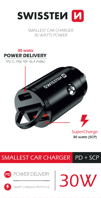 Swissten cl adaptér power delivery usb-c + super charge 3.0 30w nano černý - náhled 1