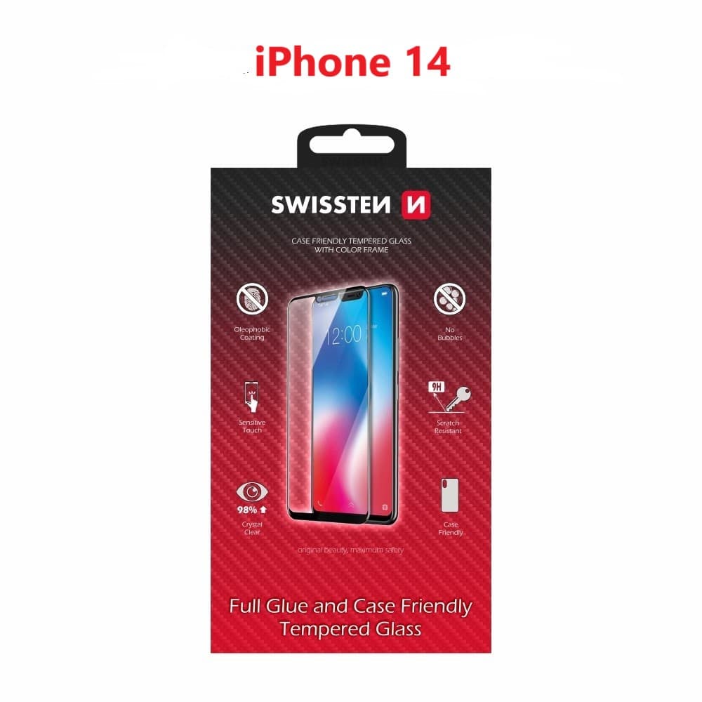 Sklo swissten full glue, color frame, case friendly apple iphone 14 černé