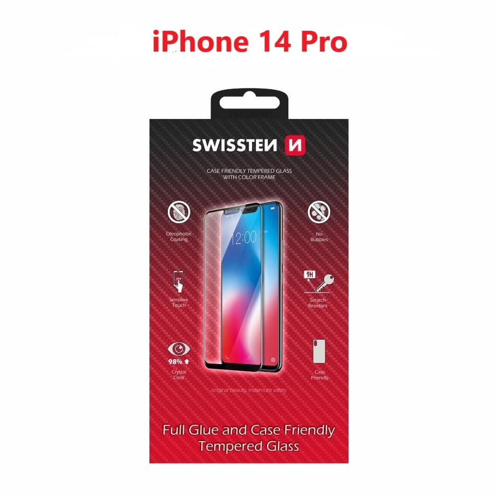 Sklo swissten full glue, color frame, case friendly apple iphone 14 pro max černé