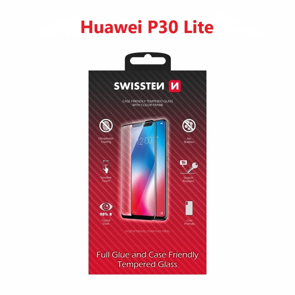 Sklo swissten full glue, color frame, case friendly huawei p30 lite černé