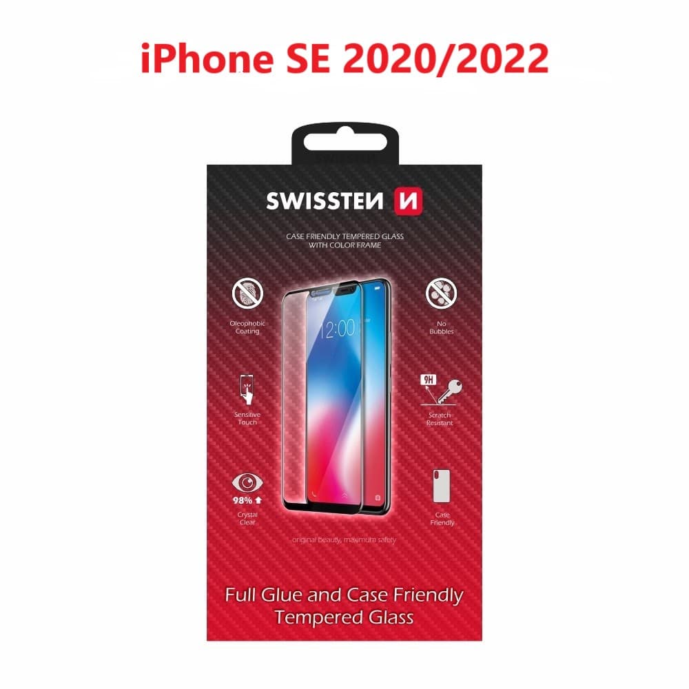 Sklo swissten full glue, color frame, case friendly apple iphone se 2020/se 2022 černé
