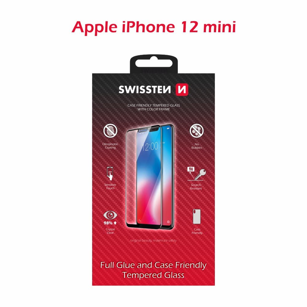 Sklo swissten full glue, color frame, case friendly apple iphone 12 mini černé - náhled 1