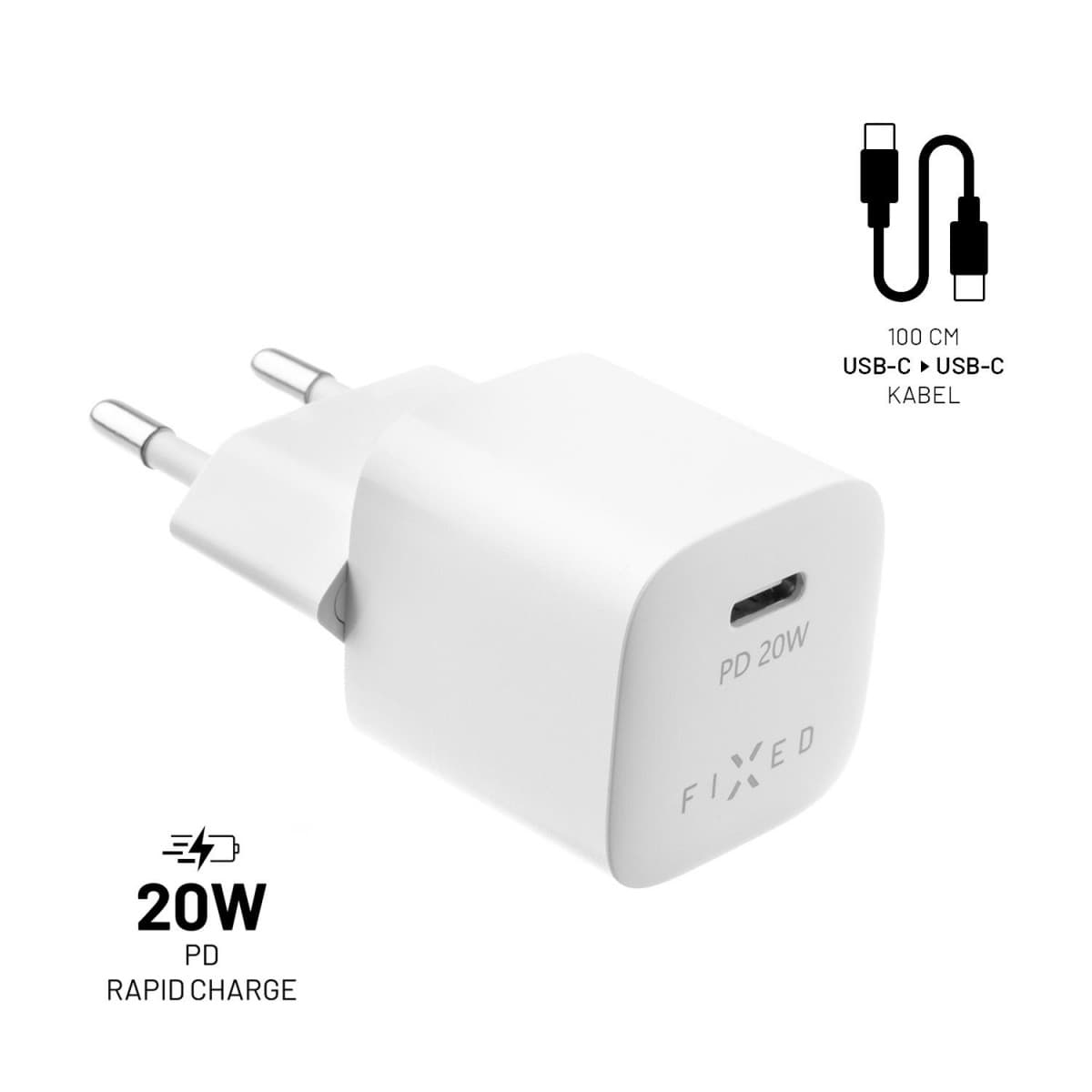 Set síťové nabíječky FIXED Mini s USB-C výstupem a USB-C/USB-C kabelu, podpora PD, 1 metr, 20W, bílý - náhled 1