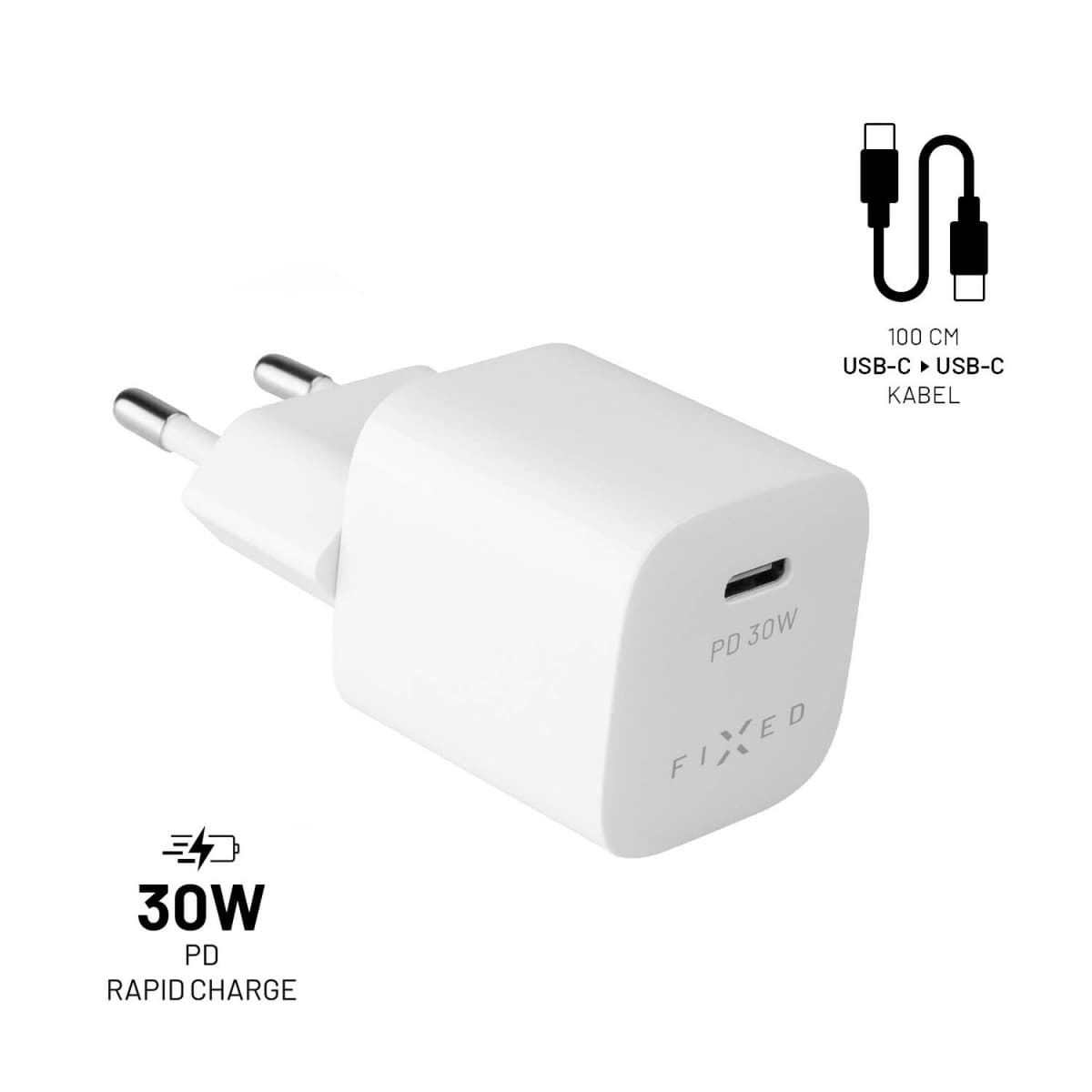 Set síťové nabíječky FIXED Mini s USB-C výstupem a USB-C/USB-C kabelu, podpora PD, 1 metr, 30W, bílý - náhled 1