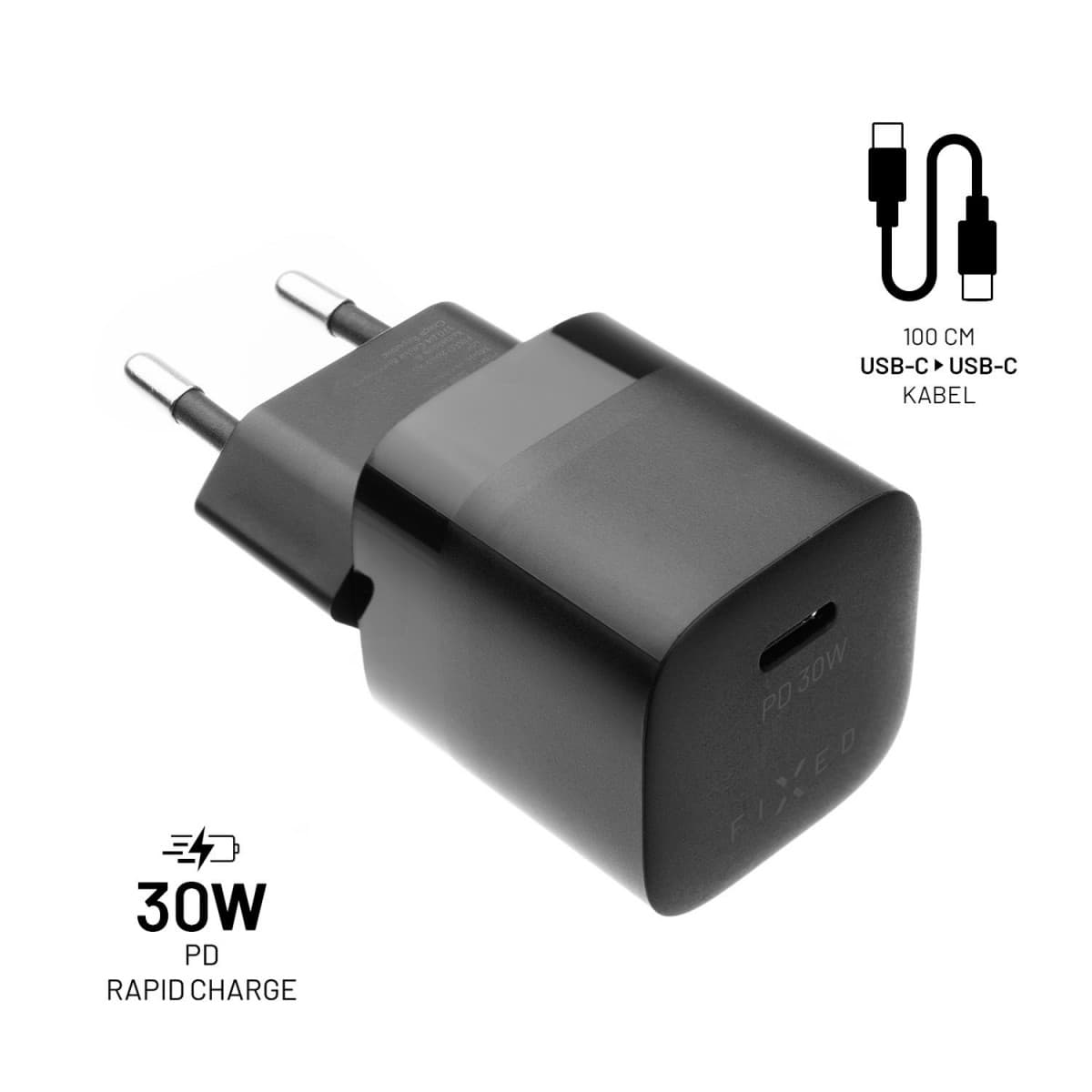 Set síťové nabíječky FIXED Mini s USB-C výstupem a USB-C/USB-C kabelu, podpora PD, 1 metr, 30W, černý - náhled 1