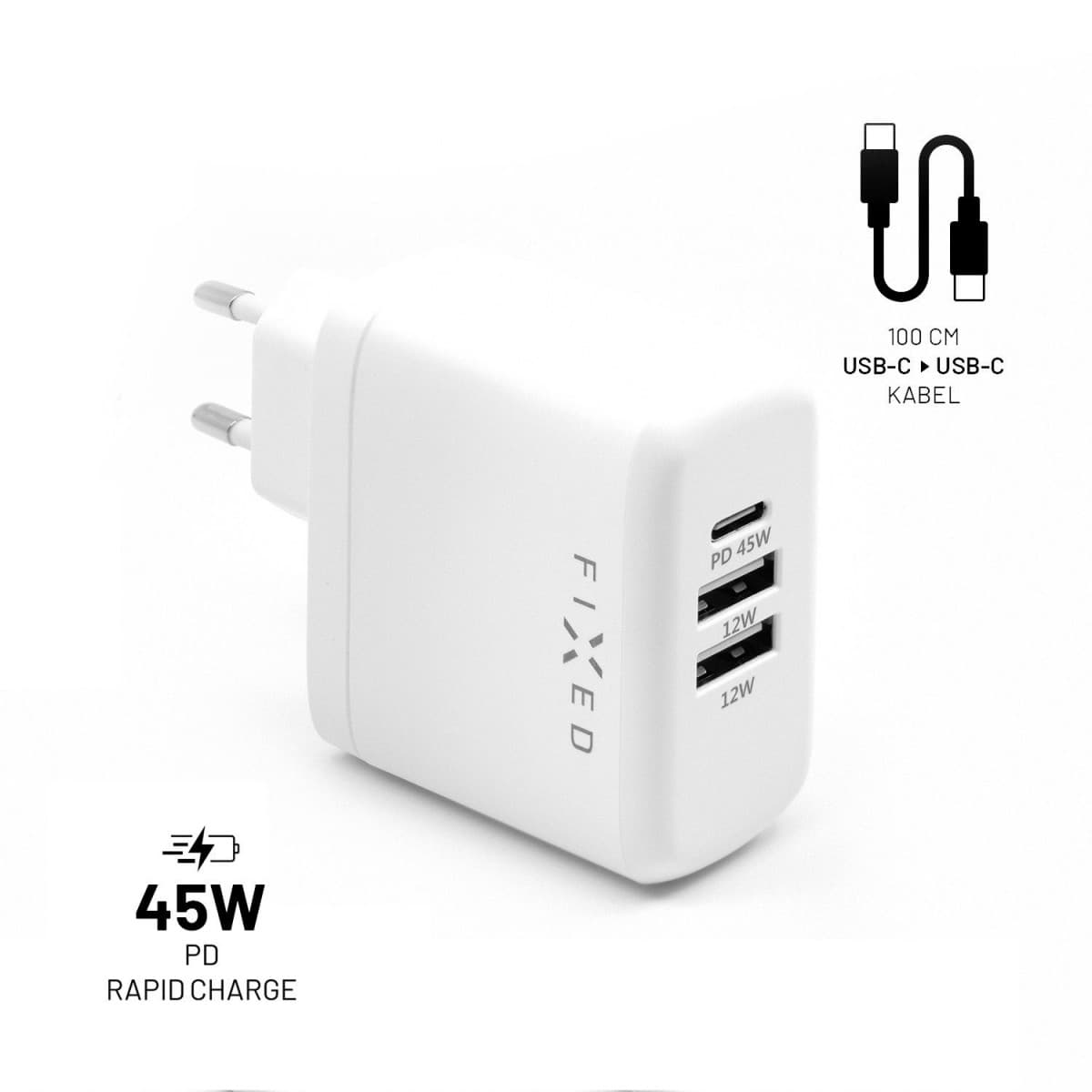 Set síťové nabíječky FIXED s USB-C a 2xUSB výstupem a USB-C/USB-C kabelu, podpora PD, 45W, bílý - náhled 1