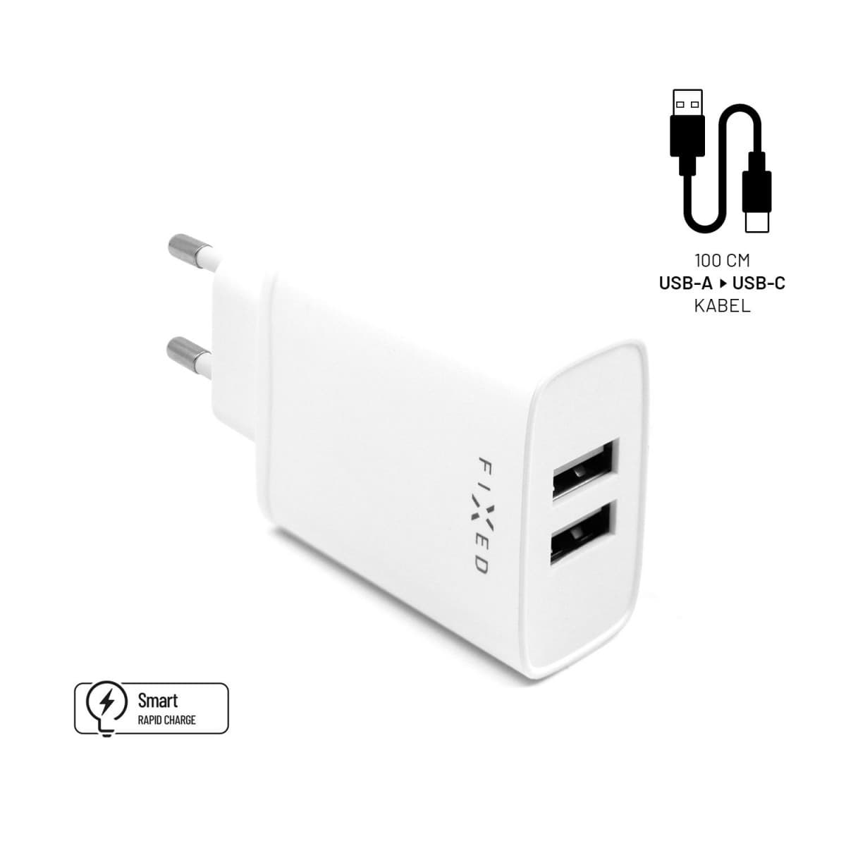 Set síťové nabíječky FIXED s 2xUSB výstupem a USB/USB-C kabelu, 1 metr, 15W Smart Rapid Charge, bílá - náhled 1
