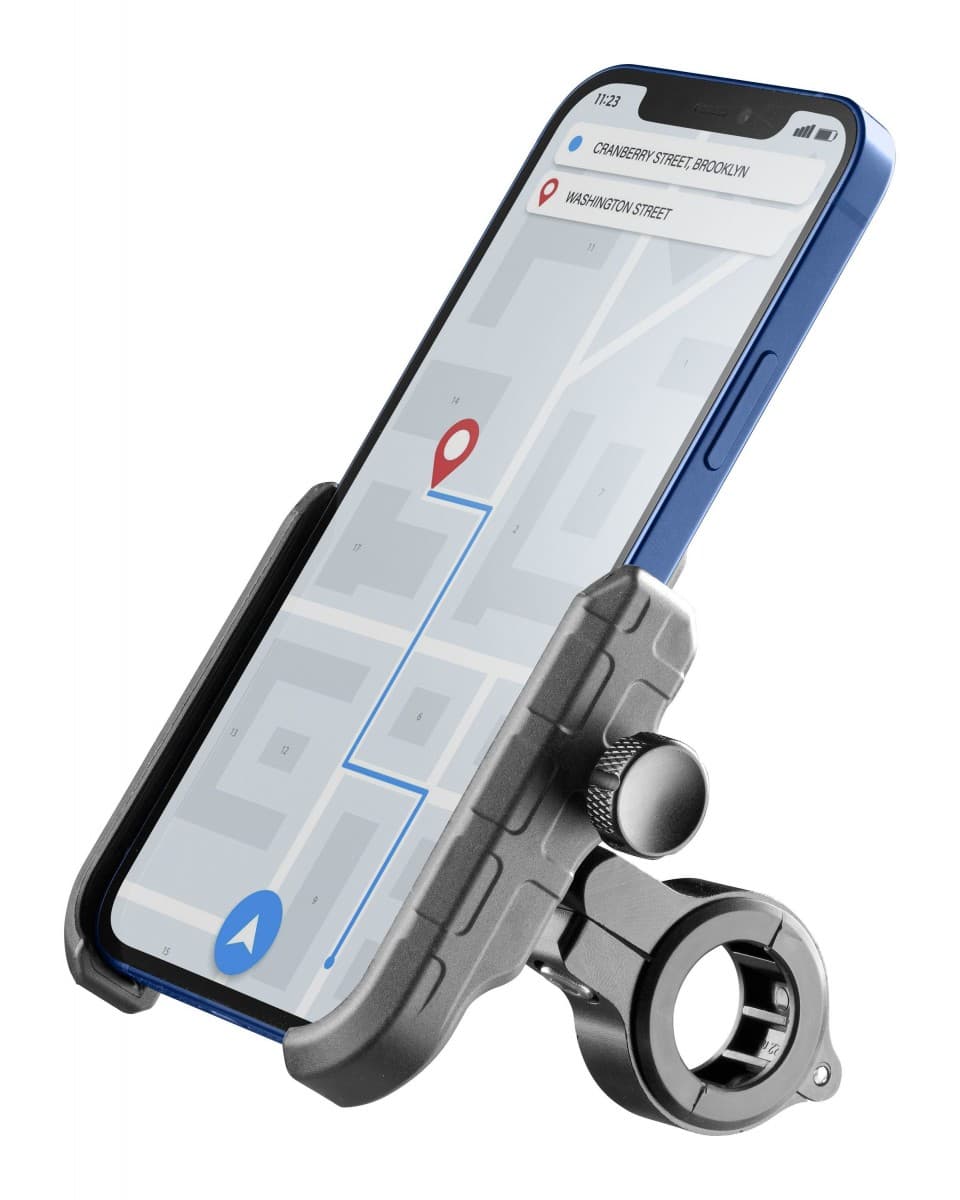 Univerzální hliníkový držák mobilního telefonu Cellularline Rider Steel na řídítka pro motorku i kolo, černý - náhled 1