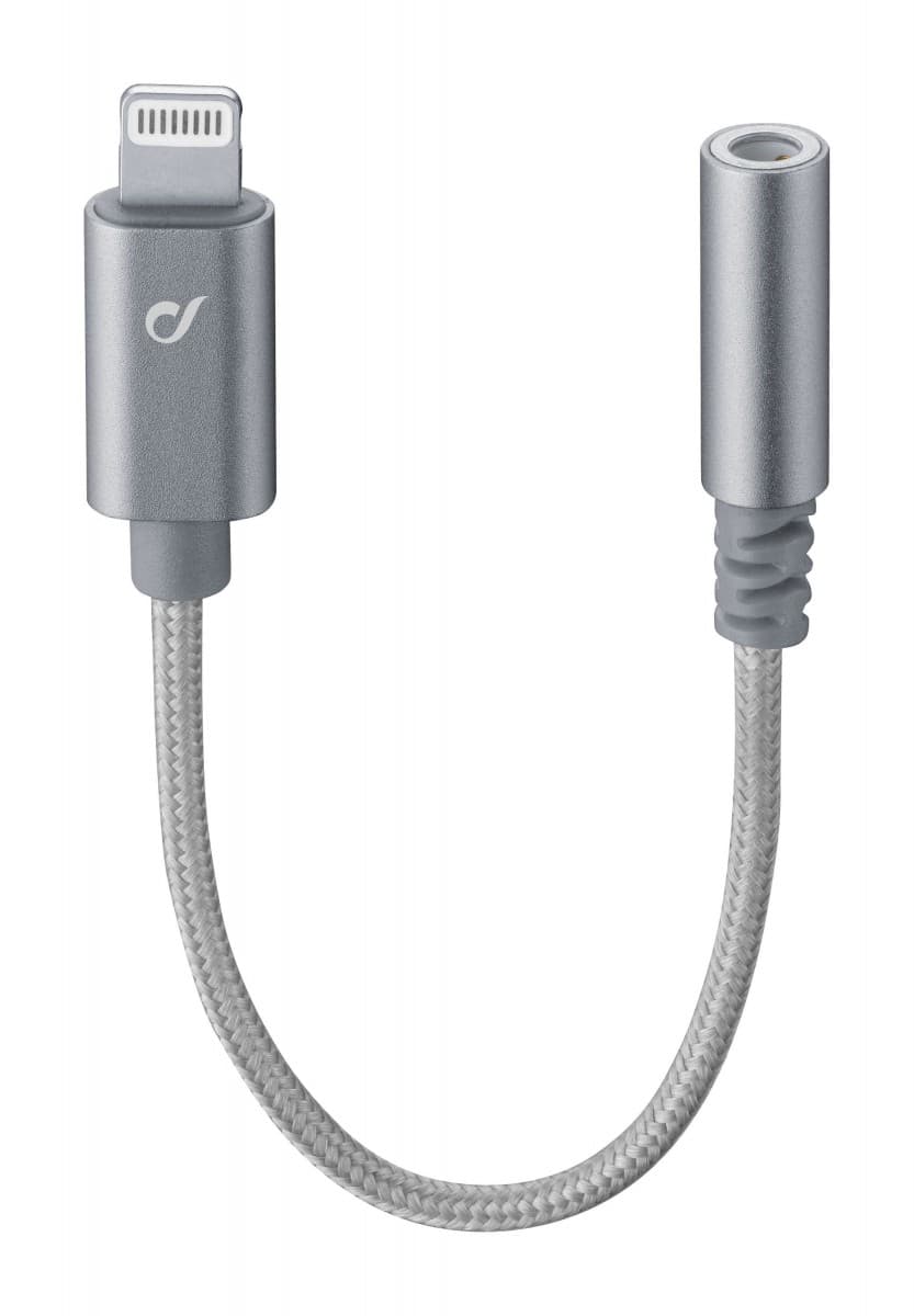 Extra odolný adaptér Cellularline Music Enabler z konektoru Lightning na 3,5 mm jack, MFI certifikace, šedý