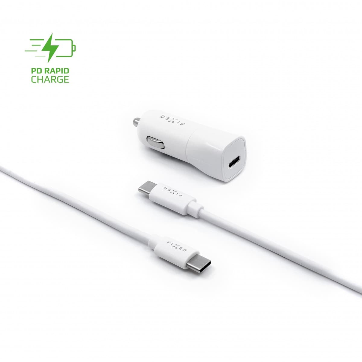 Set autonabíječky FIXED s USB-C výstupem a USB-C/USB-C kabelu, podpora PD, 1 metr, 18W, bílý - náhled 1