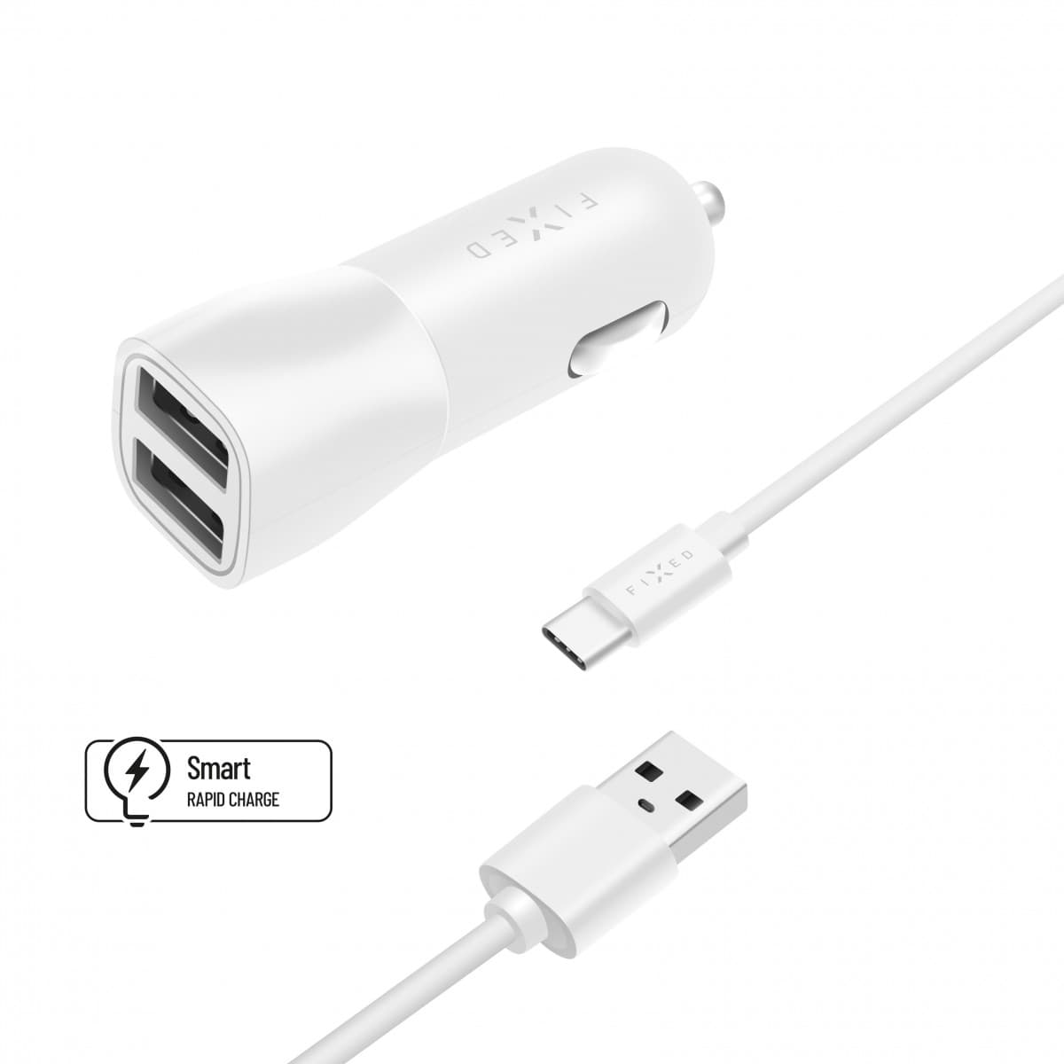 Set autonabíječky FIXED s 2xUSB výstupem a USB/USB-C kabelu, 1 metr, 15W Smart Rapid Charge, bílá - náhled 1