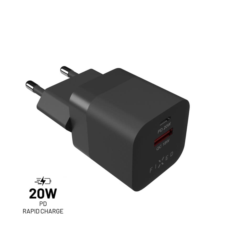 Síťová nabíječka FIXED Mini s USB-C a USB výstupem, podpora PD a QC 3.0, 20W, černý - náhled 1