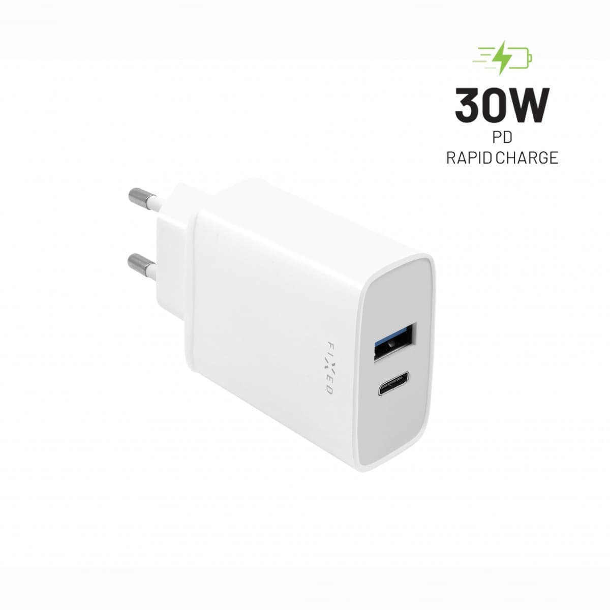 Síťová nabíječka FIXED s USB-C a USB výstupem, podpora PD, 30W, bílá - náhled 1