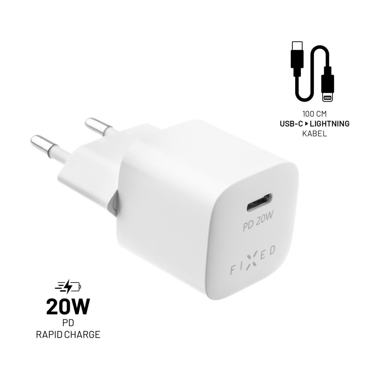 Set síťové nabíječky FIXED Mini s USB-C výstupem a USB-C/Lightning kabelu, podpora PD, 1 metr, MFI, 20W, bílý - náhled 1