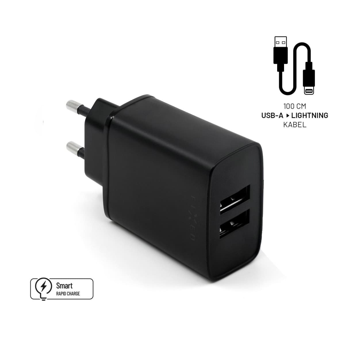 Set síťové nabíječky FIXED s 2xUSB výstupem a USB/Lightning kabelu, 1m, MFI certifikace, 15W Smart Rapid Charge, černá - náhled 1
