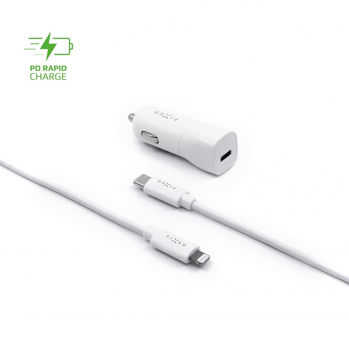 Set autonabíječky FIXED s USB-C výstupem a USB-C/Lightning kabelu, podpora PD, 1 metr, MFI, 18W, bílý - náhled 1