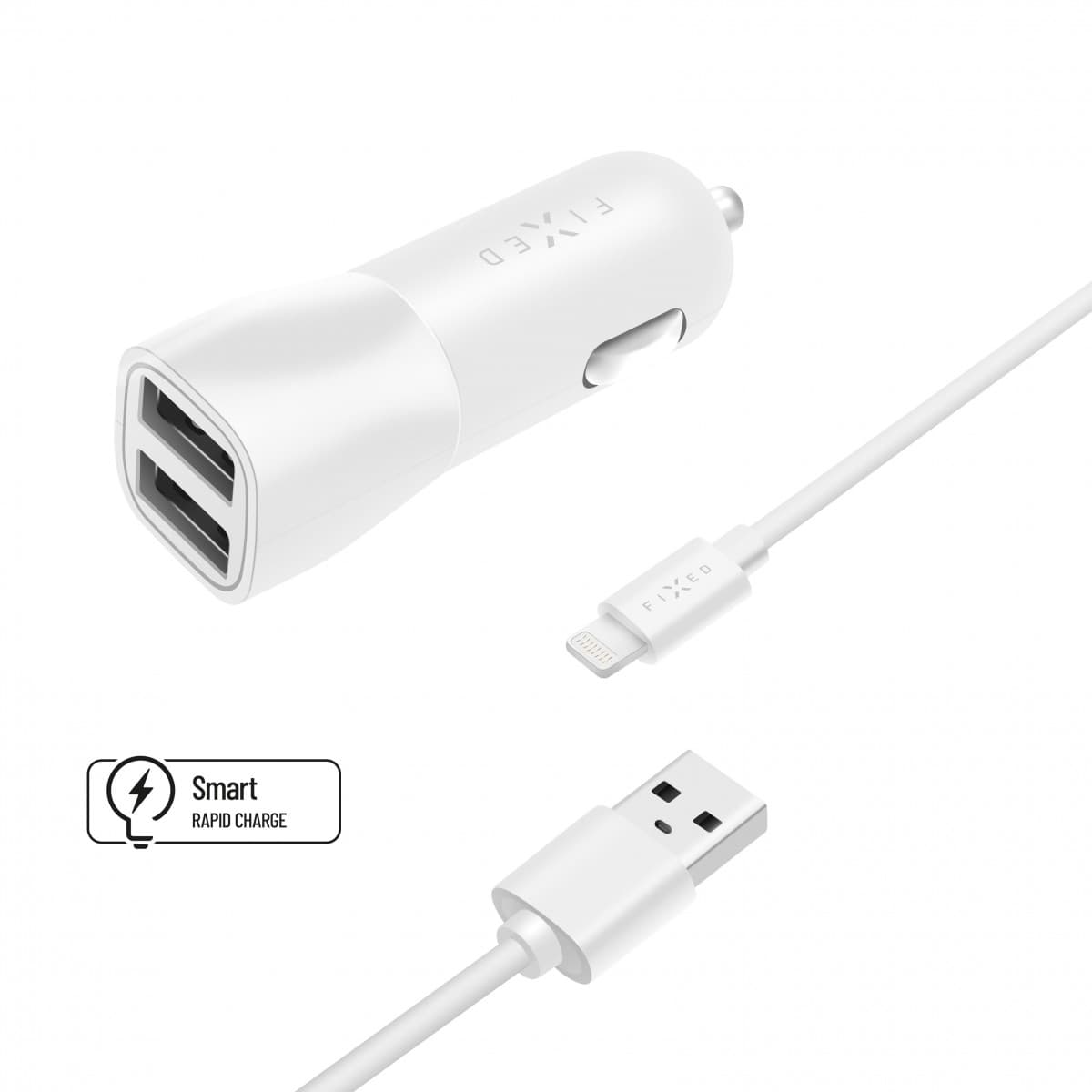 Set autonabíječky FIXED s 2xUSB výstupem a USB/Lightning kabelu, 1 metr, MFI certifikace, 15W Smart Rapid Charge, bílá - náhled 1