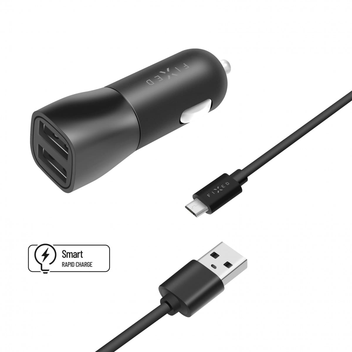 Set autonabíječky FIXED s 2xUSB výstupem a USB/micro USB kabelu, 1 metr, 15W Smart Rapid Charge, černá - náhled 1