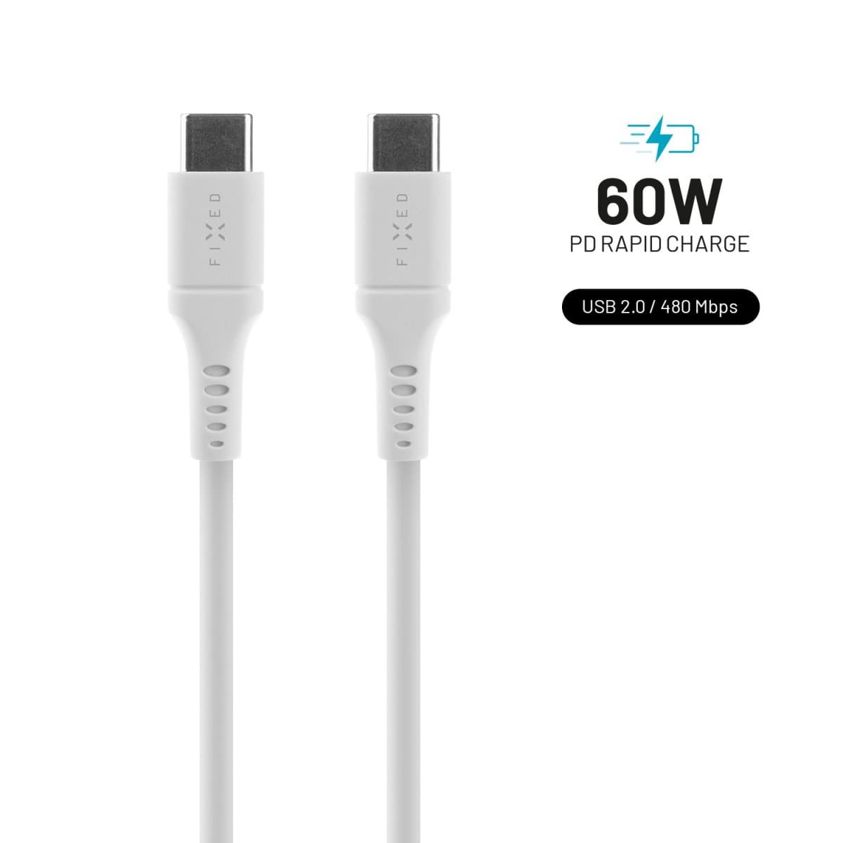 Nabíjecí a datový Liquid silicone kabel FIXED s konektory USB-C/USB-C a podporou PD, 1.2m, USB 2.0, 60W, bílý - náhled 1