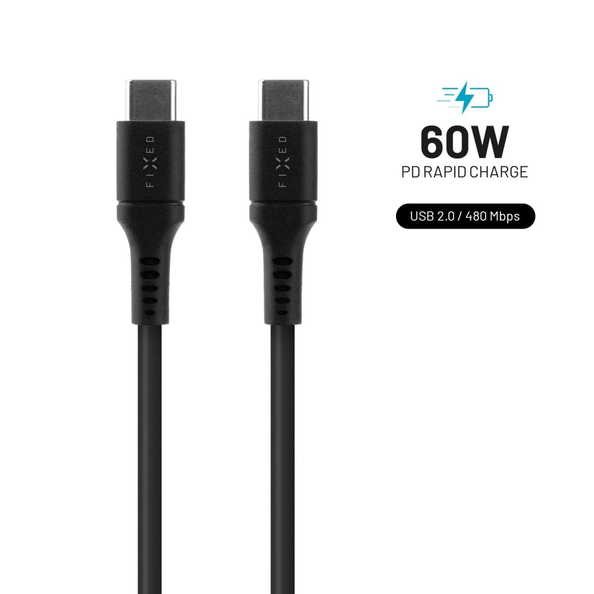 Dlouhý nabíjecí a datový Liquid silicone kabel FIXED s konektory USB-C/USB-C a podporou PD, 2m, USB 2.0, 60W, černý - náhled 1