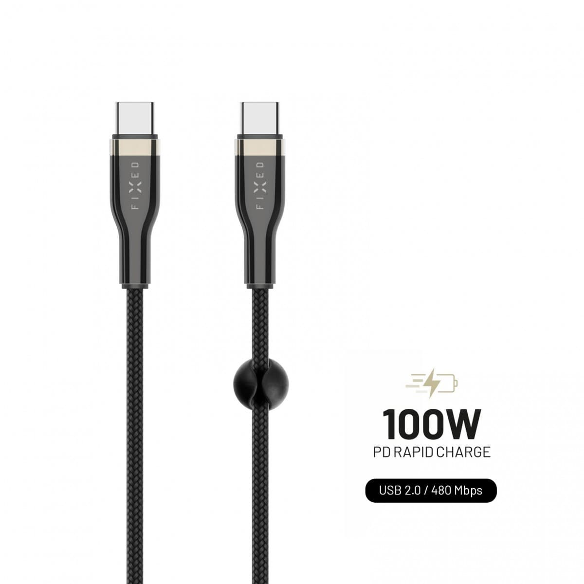Dlouhý nabíjecí a datový opletený kabel FIXED s konektory USB-C/USB-C a podporou PD, 2m, USB 2.0, 100W, černý - náhled 1