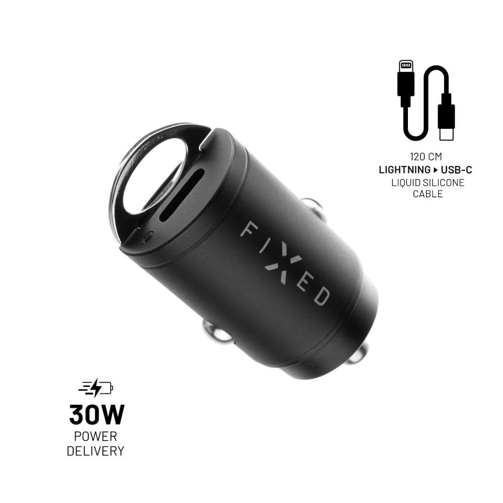Set autonabíječky FIXED s 2xUSB-C výstupem a USB-C/Lightning kabelu, podpora PD, 1,2 metr, MFI, 30W, černý - náhled 1