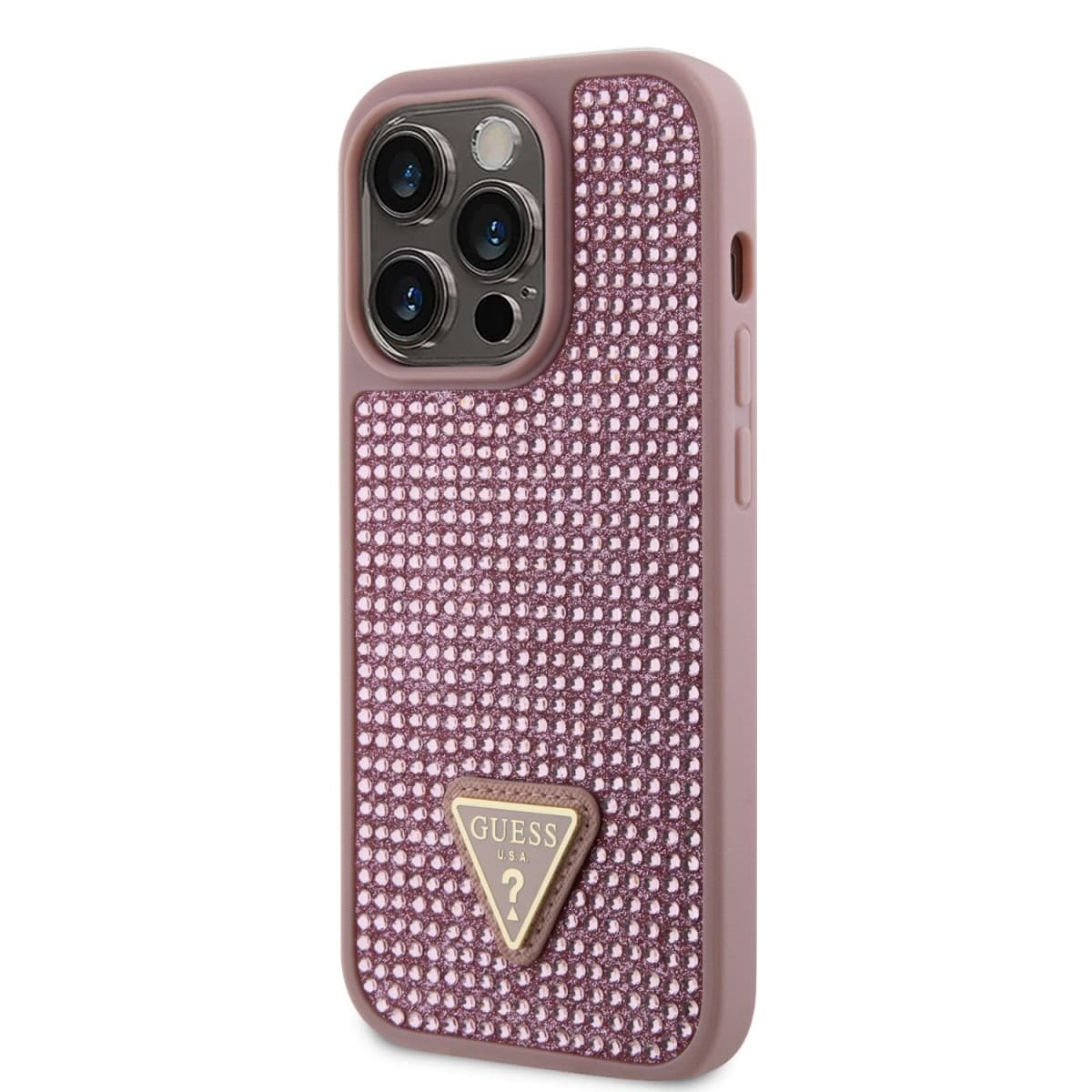 Zadní kryt Guess Rhinestones Triangle Metal Logo na iPhone 14 Pro růžový - náhled 1
