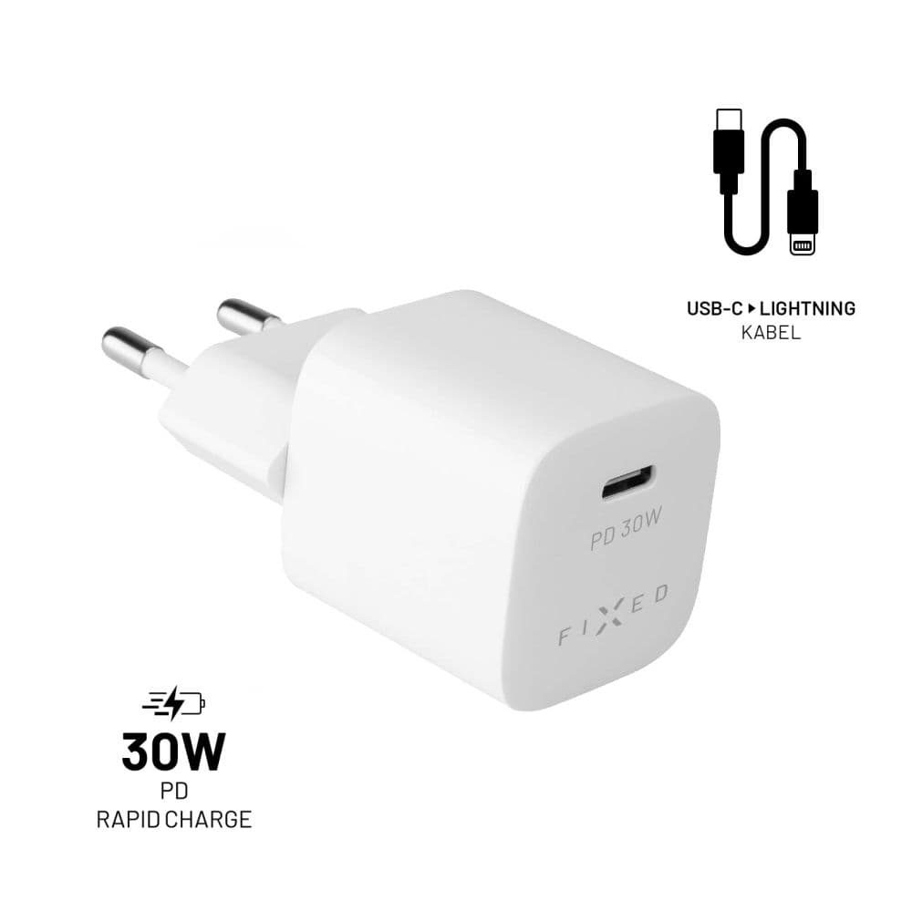 Set síťové nabíječky FIXED Mini s USB-C výstupem a USB-C/Lightning kabelu, podpora PD, 1.2 metr, MFI, 30W, bílý - náhled 1