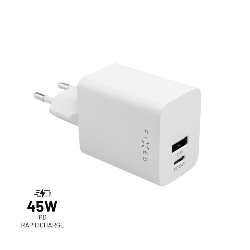 Síťová nabíječka FIXED Mini s USB-C a USB výstupem, podpora PD, 45W, bílá - náhled 1