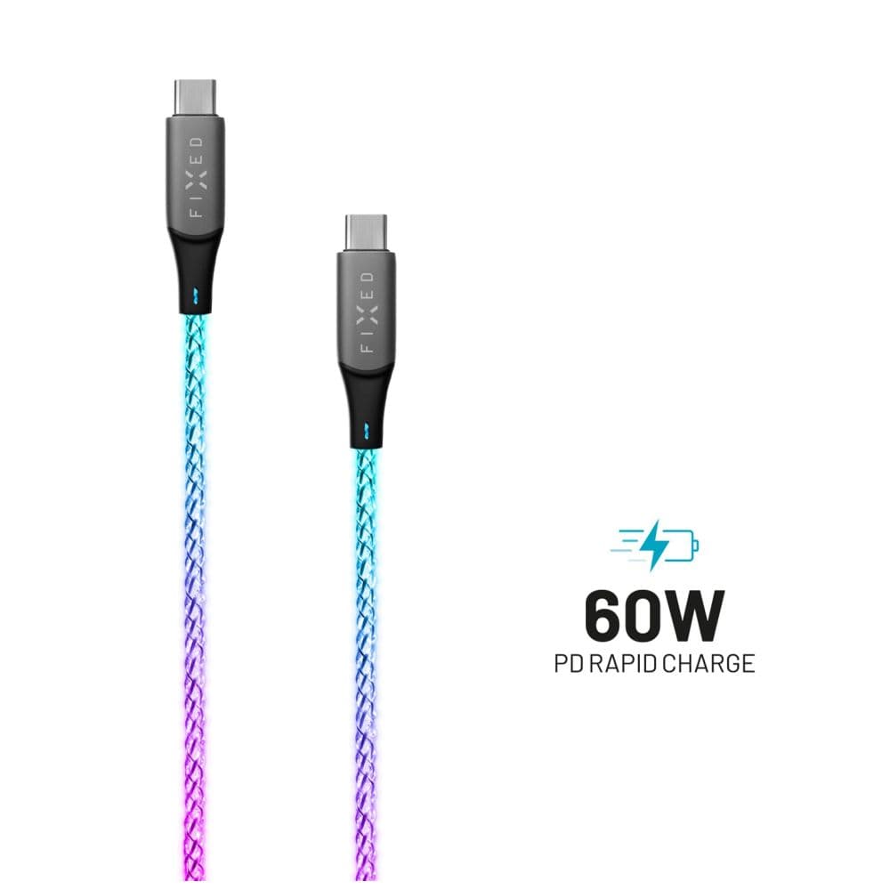 Svítící nabíjecí kabel FIXED s konektory USB-C/USB-C a podporou PD, 1,2 metr, USB 2.0, 60W, duhový - náhled 1