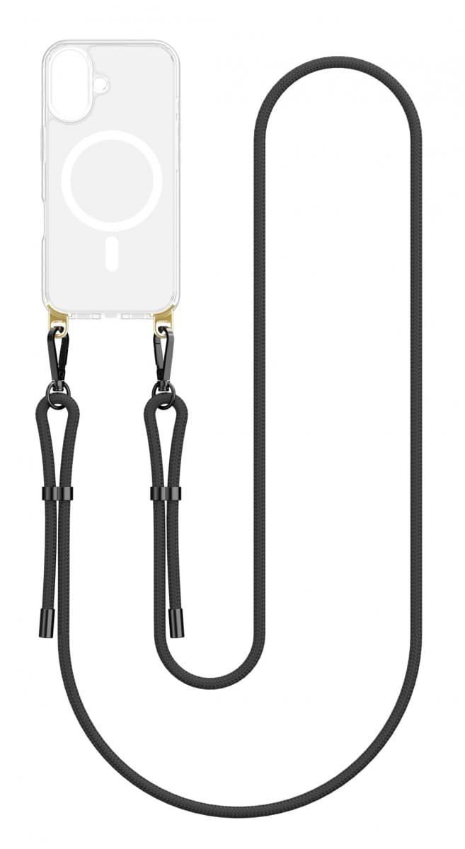 Kryt TopQ Strap Mag iPhone 16 s černou šňůrkou průhledný 131059