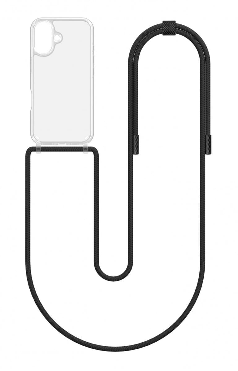 Kryt TopQ Simple iPhone 16 s černou šňůrkou průhledný 131092