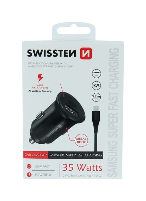 Rychlonabíječka do auta Swissten 35W Dual včetně USB-C datového kabelu černá 75280