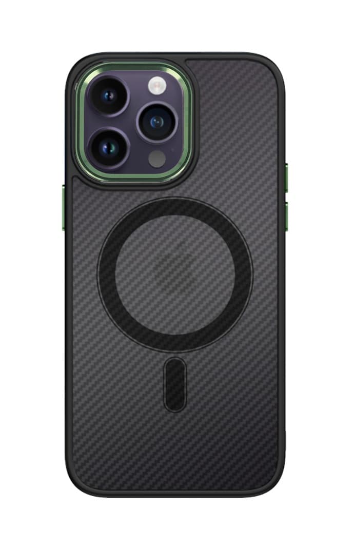 Kryt Tel Protect Magnetic Carbon iPhone 14 Pro pevný tmavý se zeleným rámečkem 97583