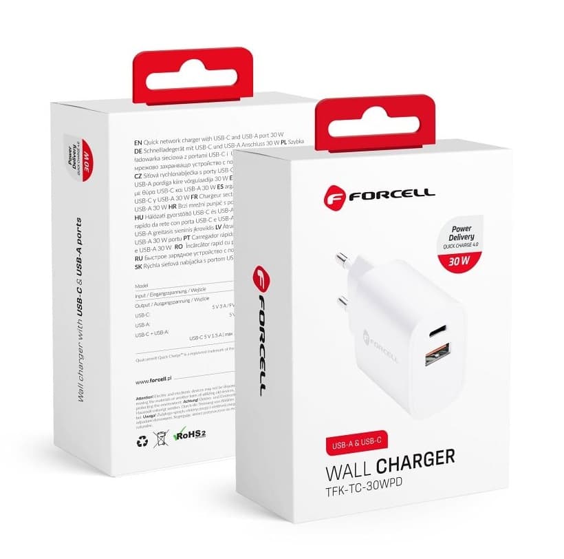 Cestovní adaptér Forcell s funkcí rychlonabíjení Dual 30W bílý 97723 - náhled 1