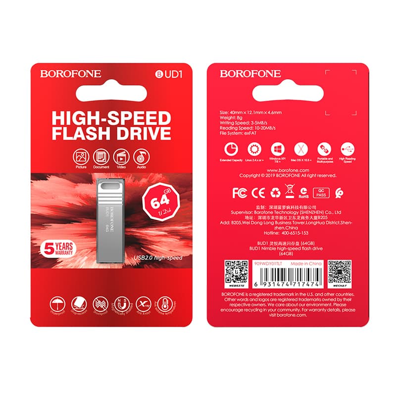 Flash disk Borofone BUD1 64GB stříbrný 108847