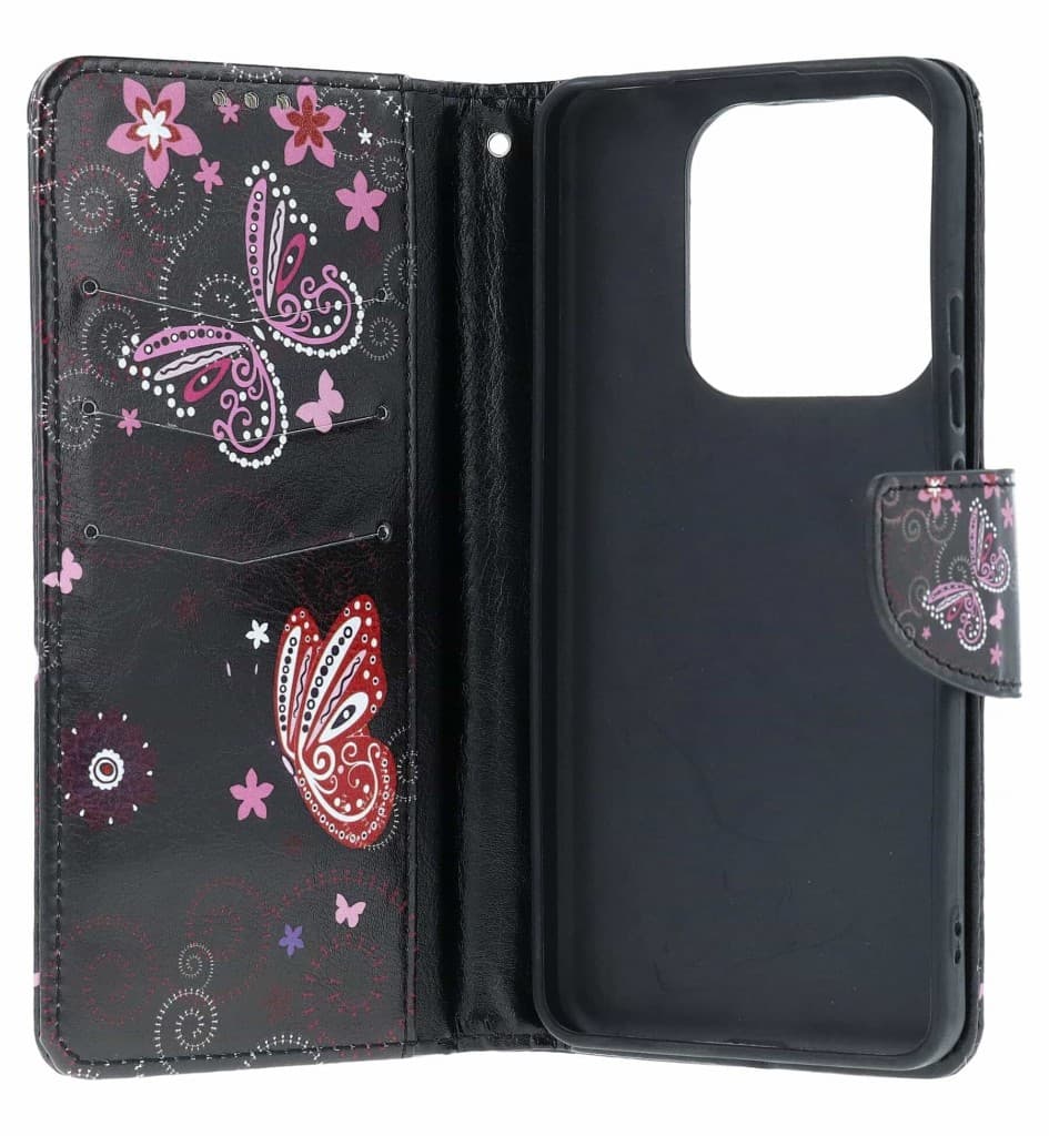 Pouzdro TopQ Design Xiaomi Redmi Note 14 knížkové Fialoví motýlci černé 137266 - náhled 3