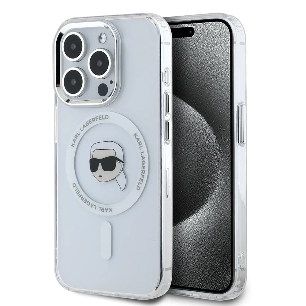 Karl Lagerfeld IML MagSafe iPhone 16 Pro Bílá Metalická Karlova Hlava